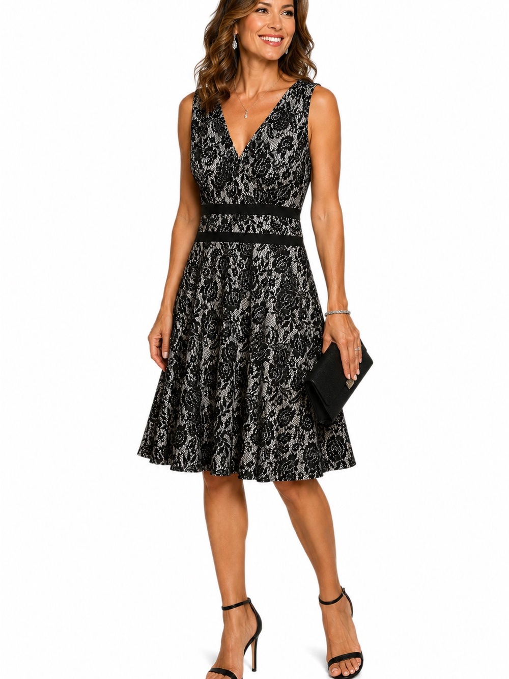 Aa Studio Black Lace V‑Neck Fit & Flare Midi Dress